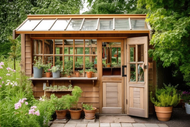 Gartenschuppen aus Holz mit Gewächshausfenstern und Topfpflanzen