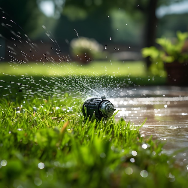 Gartensprinkler auf dem grünen Rasen automatische Bewässerung im Park