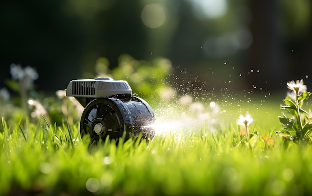 Gartensprinkler auf dem grünen Rasen automatische Bewässerung im Park