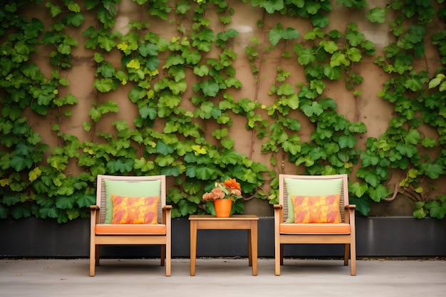 Gartenstühle vor efeubedeckter Wand