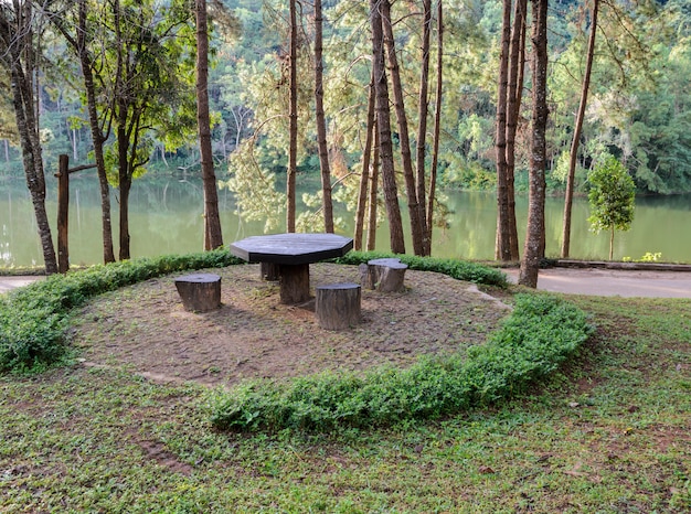 Gartentisch und Stühle im Kiefernwald