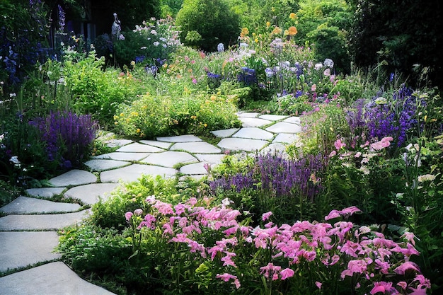 Foto gartenweg mit rosa und lila blumen