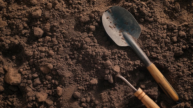 Gartenwerkzeuge auf fruchtbarem Boden, Hintergrund von oben aus gesehen Garten- oder Pflanzkonzept Arbeiten im Frühlingsgarten