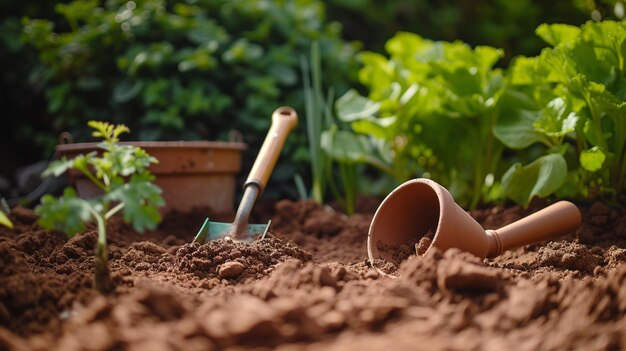 Gartenwerkzeuge, die neben frisch umgewandelter Erde liegen und zum Pflanzen bereit sind, erinnern an die menschliche Verbindung zur Erde und an die Wachstumszyklen