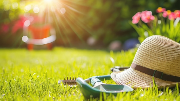 Gartenwerkzeuge und Strohhut auf dem Gras im Garten