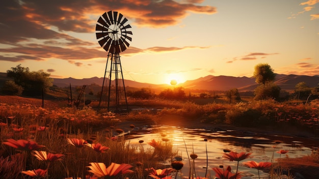 Foto gartenwindmühle mit sonnenuntergangshintergrund