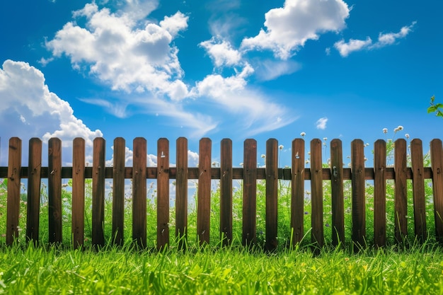 Gartenzaun mit grünem Gras und blauem Himmel