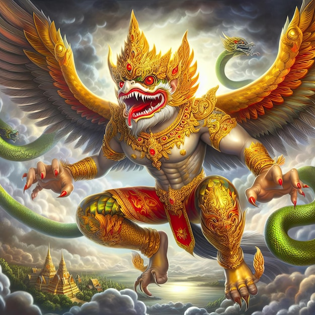 Garuda hat den Körper eines Menschen, den Rücken eines Vogels und hat Flügel, eine indische und buddhistische Gottheit.