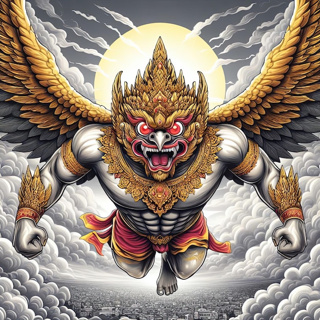 Garuda hat den Körper eines Menschen, den Rücken eines Vogels und hat Flügel, eine indische und buddhistische Gottheit.