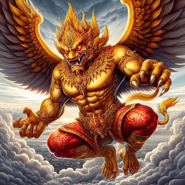 Garuda hat den Körper eines Menschen, den Rücken eines Vogels und hat Flügel, eine indische und buddhistische Gottheit.