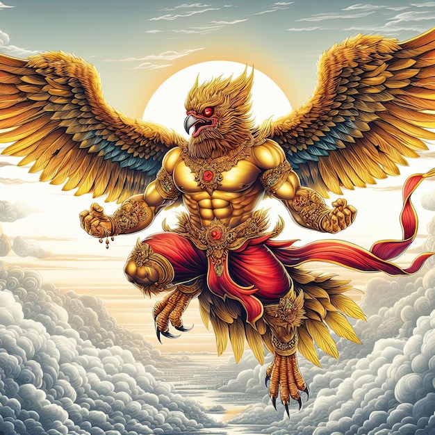 Garuda hat den Körper eines Menschen, den Rücken eines Vogels und hat Flügel, eine indische und buddhistische Gottheit.