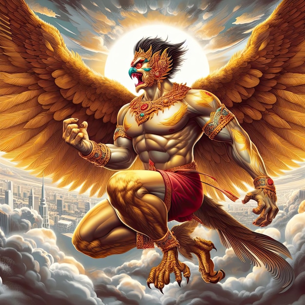 Garuda hat den Körper eines Menschen, den Rücken eines Vogels und hat Flügel, eine indische und buddhistische Gottheit.