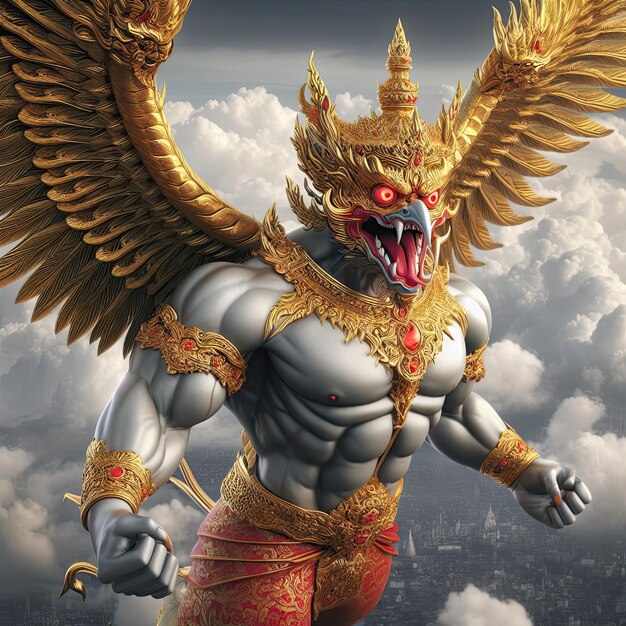 Garuda tem o corpo de uma pessoa a parte de trás de um pássaro e tem asas uma divindade em indiano e budista meu