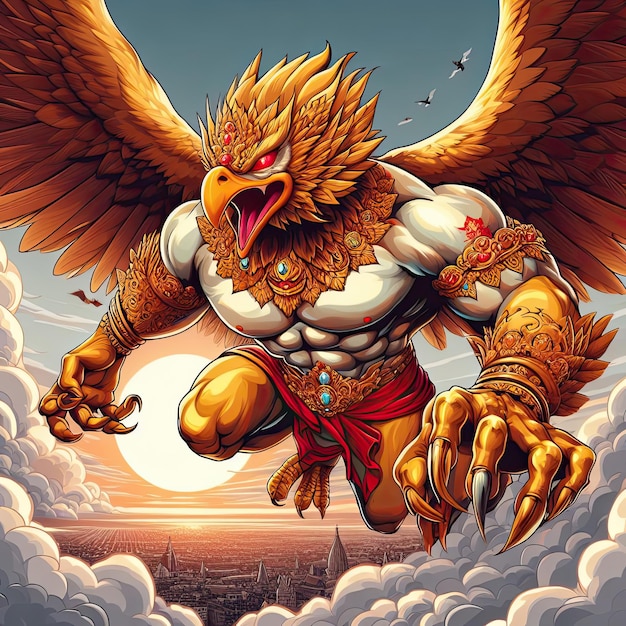 Garuda tiene el cuerpo de una persona la espalda de un pájaro y tiene alas una deidad en la India y el budismo mi