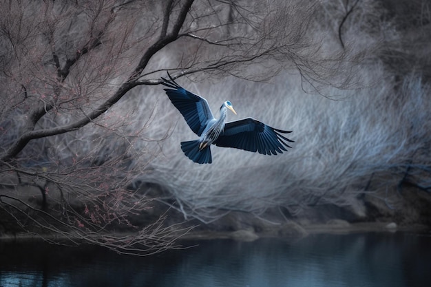 Una garza azul vuela sobre un estanque con un árbol al fondo.