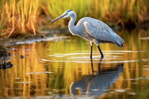 Una garza cazando peces en el agua del pantano