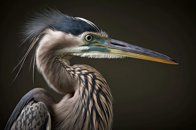 Garza grande con la cabeza girada hacia un lado sobre fondo verde gris ai generativo