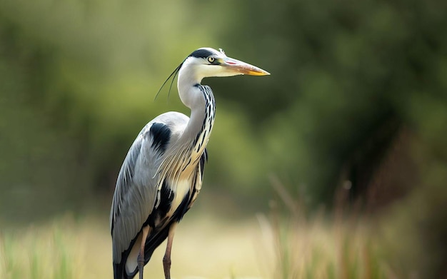 Una garza gris se encuentra en un campo con un fondo verde.