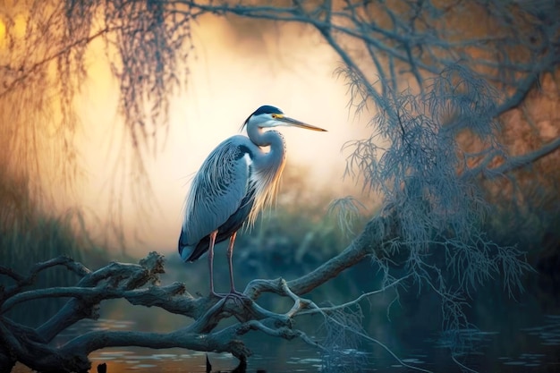 Garza de pie en la rama de los árboles al amanecer en la foto borrosa generativa ai