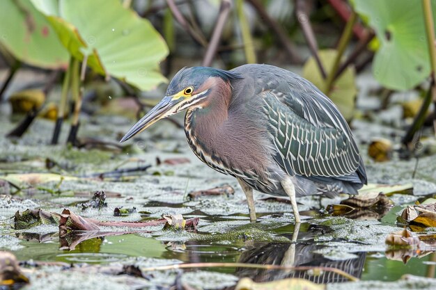 Foto una garza verde usando cebo para pescar