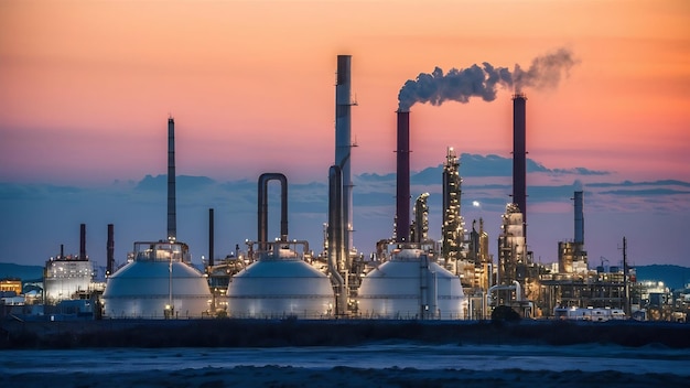 Gaslagertanks in der petrochemischen Industrie oder in Öl- und Gasraffinerieanlagen am Abend