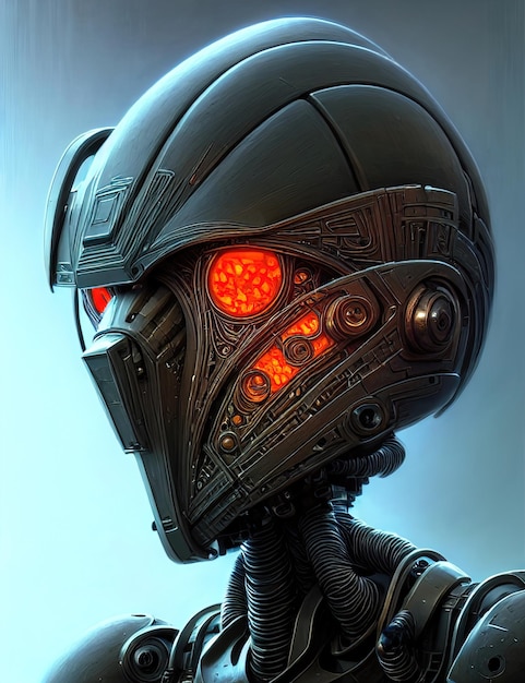 Gasmask steampunk retrato de um robô ciborgue em uma máscara cyberpunk Um capacete de aço na cabeça olhos brilhantes de uma máscara de gás humanoide steampunk ilustração 3d