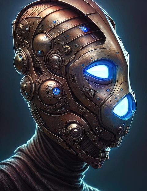 Gasmask steampunk retrato de um robô ciborgue em uma máscara cyberpunk Um capacete de aço na cabeça olhos brilhantes de uma máscara de gás humanoide steampunk ilustração 3d