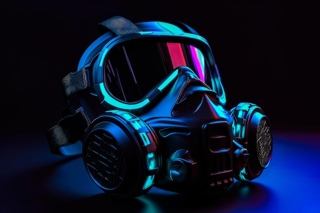 Gasmaske auf schwarzem Hintergrund mit blauem Licht im Hintergrund Generative KI