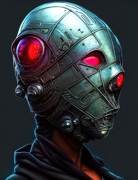 Gasmaske steampunk Porträt eines Roboter-Cyborgs in einer Cyberpunk-Maske Ein Stahlhelm auf dem Kopf leuchtende Augen einer Steampunk-humanoiden Gasmaske 3D-Illustration