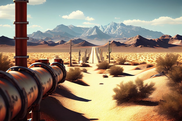 Gasoduto atravessando a paisagem do deserto com montanhas distantes ao fundo