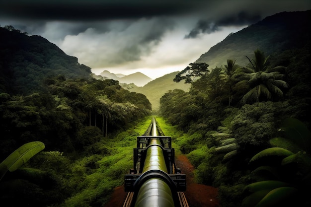 Gasoduto que atravessa uma exuberante floresta tropical com nuvens enevoadas ao fundo