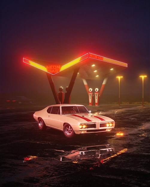 Gasolinera de neón y coche retro Vintage cyberpunk auto Lluvia de niebla y noche Reflejos vibrantes de color sobre asfalto Ilustración 3D