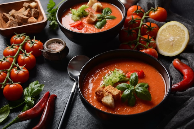 Gaspacho andaluz. Sopa fria de gaspacho de tomate vermelho em vidro, com pepino, cebola, manjericão, pimenta e croutons.