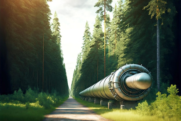 Gaspipeline aus Stahl entlang der Straße vor dem Hintergrund des grünen Waldes