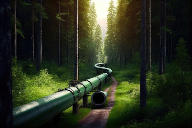 Gaspipeline verläuft durch dichten Wald mit Bäumen und Grün im Hintergrund