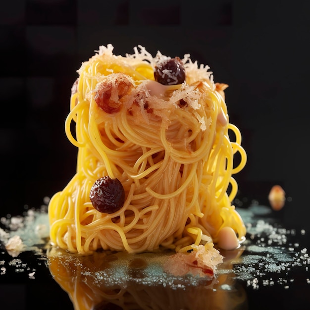 Gastronomia molecular inspirada em espaguete à carbonara reconstruída arte moderna extremamente detalhada jantar em anel gastronomia molecular espaguete à carbonara art generat ai