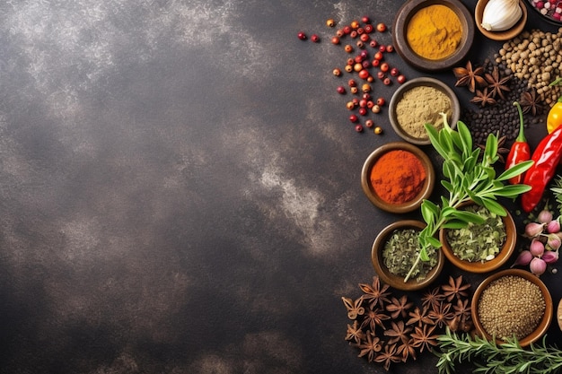 Foto gastronomische köstlichkeiten, gewürze und kräuter, arrangiert auf einem steintisch mit kopienraum