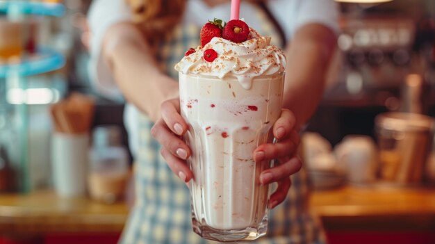 Gaststätte mit Händen, die einen klassischen Milchshake mit einem Strohhalm halten