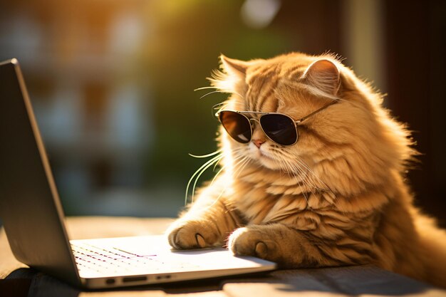 Gata brincalhona relaxando no laptop com óculos de sol elegantes facilmente acessíveis imagem de arquivo com IA generativa