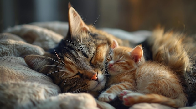 Gata-mãe aconchegada com seu gatinho em uma cama acolhedora e quente Cuidados maternos Dia das Mães Gerado pela IA