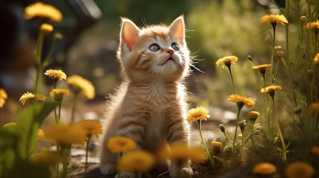 Gatinho a brincar no jardim.