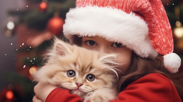 gatinho adorável com chapéu de papai noel em mãos de menina pequena no fundo festivo de natal turva