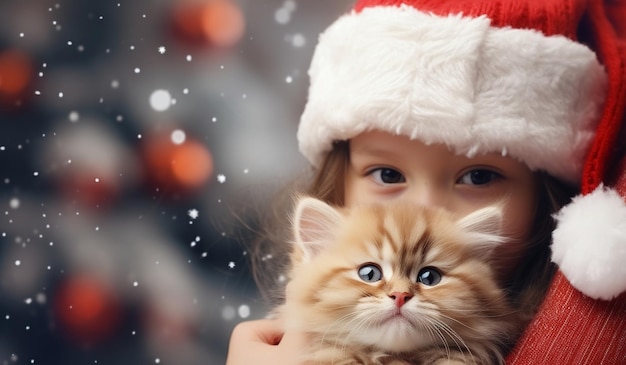 gatinho adorável com chapéu de papai noel em mãos de menina pequena no fundo festivo de natal turva