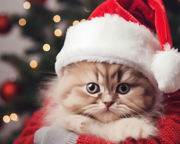 gatinho adorável com chapéu de papai noel em mãos de menina pequena no fundo festivo de natal turva