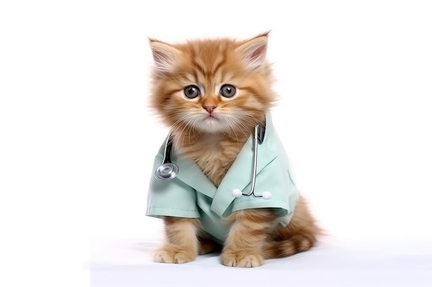 Gatinho adorável com jaqueta médica menta e estetoscópio