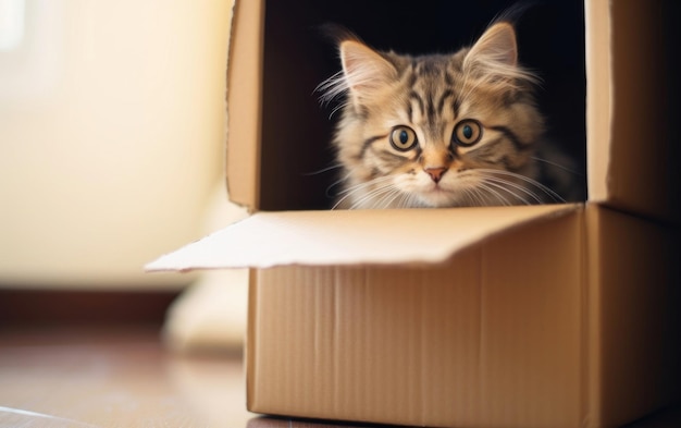 Gatinho adorável se escondendo brincando em uma caixa de papelão