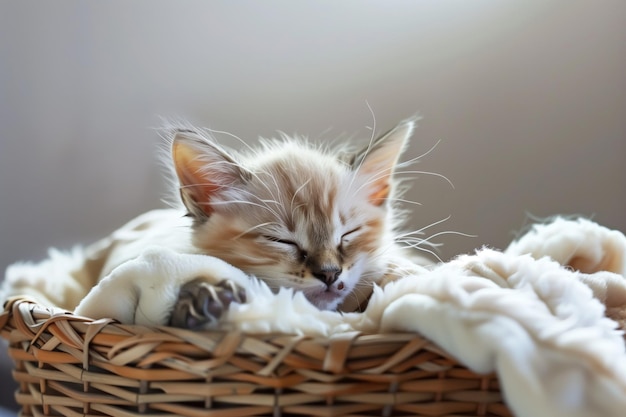 Gatinho adormecido em uma cesta de vime com um lanço branco suave