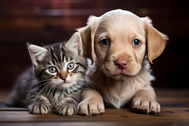 Gatinho bengali brincando com IA generativa do filhote de cachorro Bordeaux