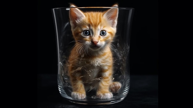 Gatinho bonitinho em uma tigela de vidro em um backgroundgenerative ai preto