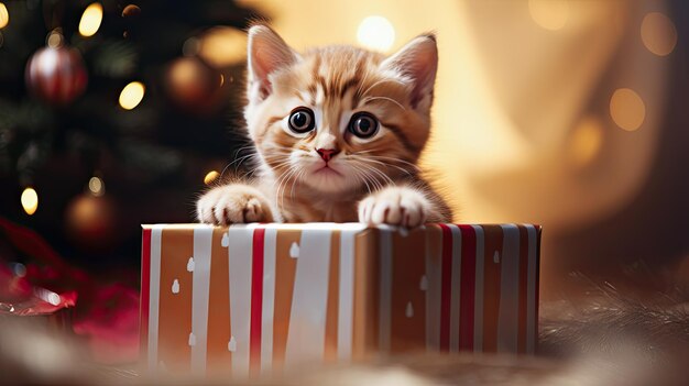 Gatinho bonito com decorações de Natal em fundo de luzes bokeh